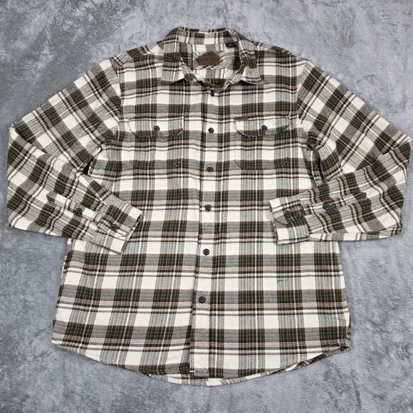Orvis Shirt Mens Large Beige Green Plaid Heavy Flannel Button Up Shacket Hiking - Picture 2 of 10
